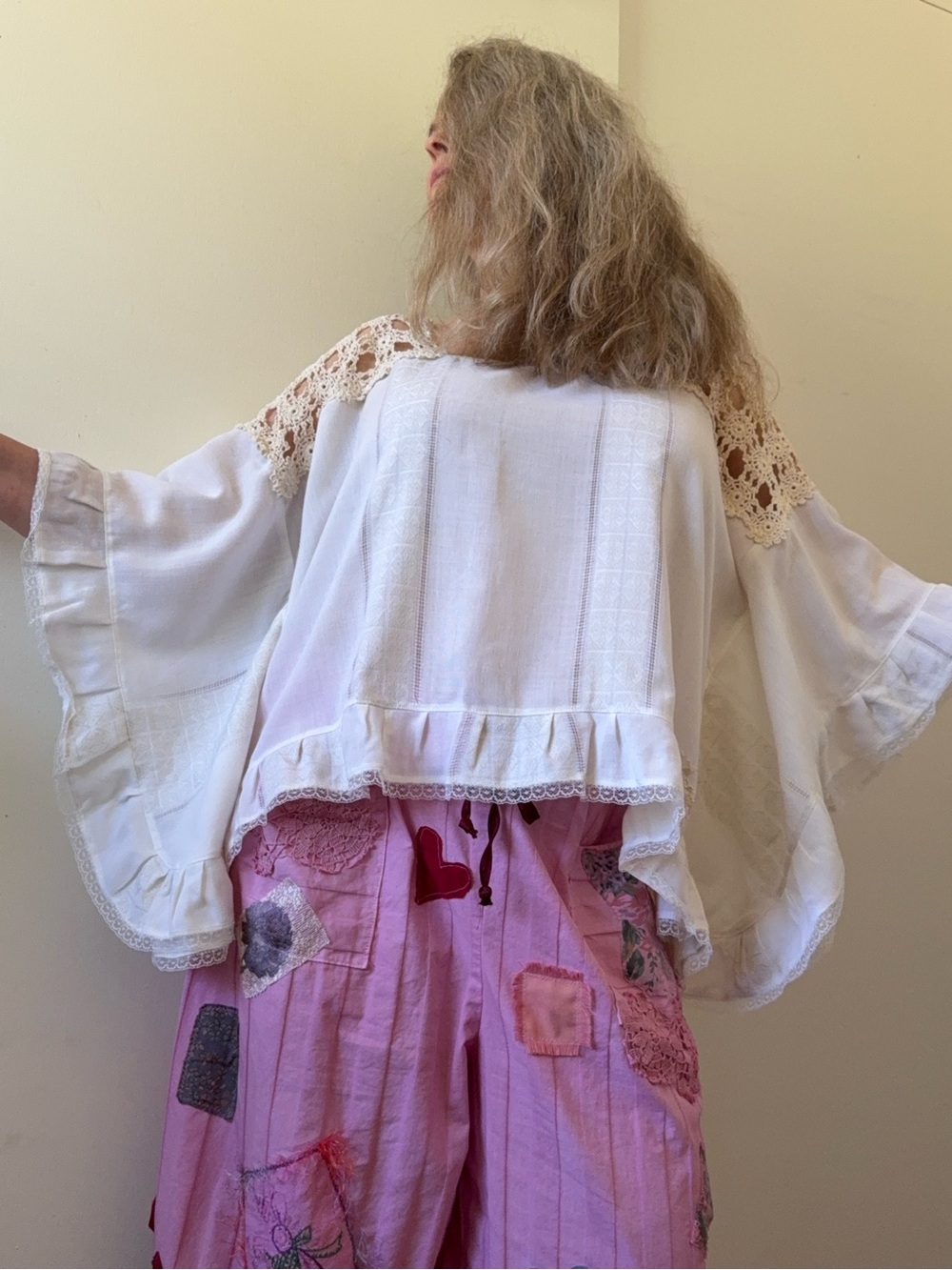 Upcycled Poncho Vintage Linen Crochet Boho Romantic Ruffle Cottagecore Lace OSFA